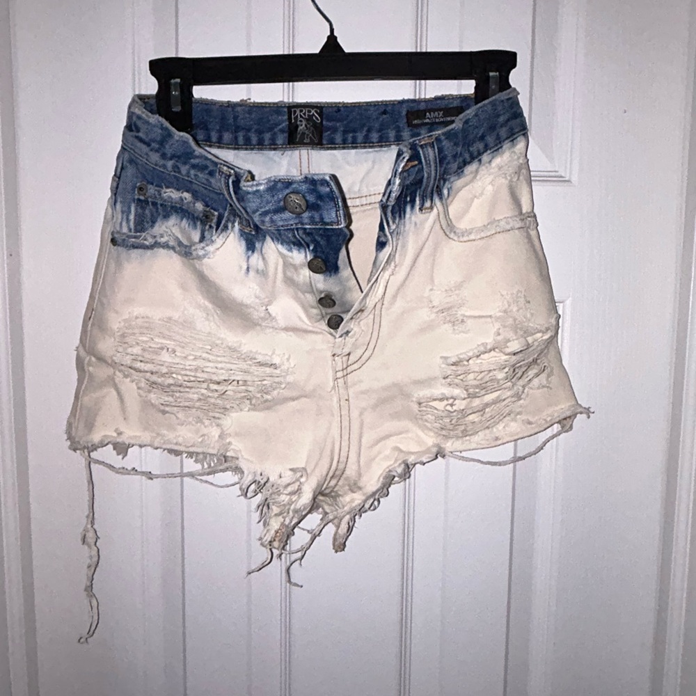 PRPS Blue and Cream Women's Distressed Shorts